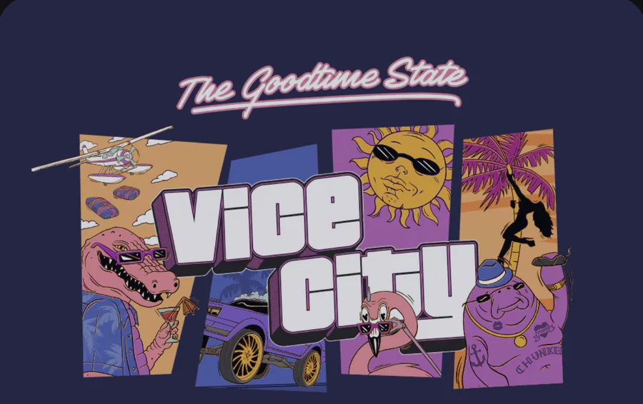 The Goodtime State Vice City vintage illustrated postcard artwork