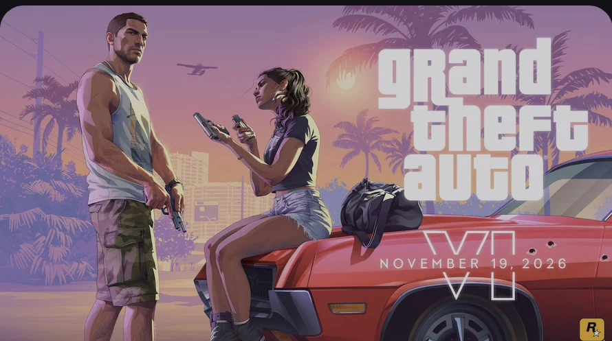 Jason and Lucia leaning on a red muscle car under Vice City palm trees at sunset