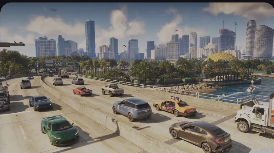 Highway traffic crossing the Vice City causeway bridge toward the downtown skyline